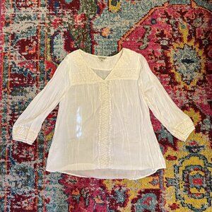 Lucky Brand Cream Long-sleeve V-neck Tunic Shirt with Embroidered Details